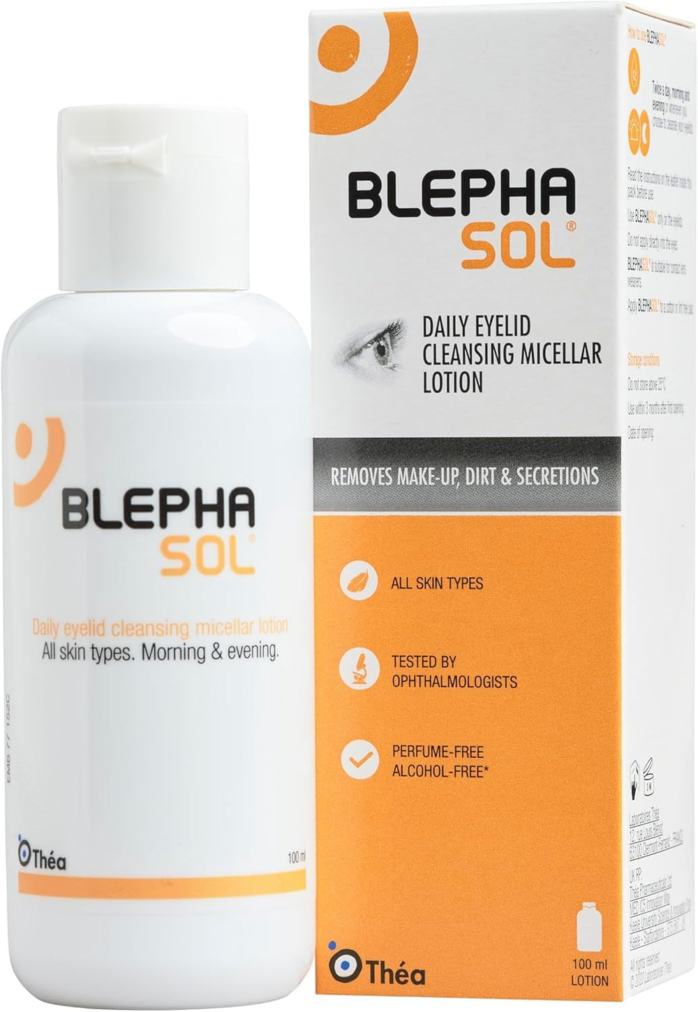 Blephasol Lotion bottle 100ml demonstrates fragrance-free, gentle eyelid cleansing for sensitive skin.