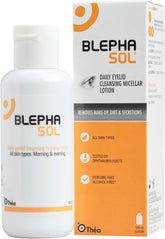 Blephasol Lotion bottle 100ml demonstrates fragrance-free, gentle eyelid cleansing for sensitive skin.