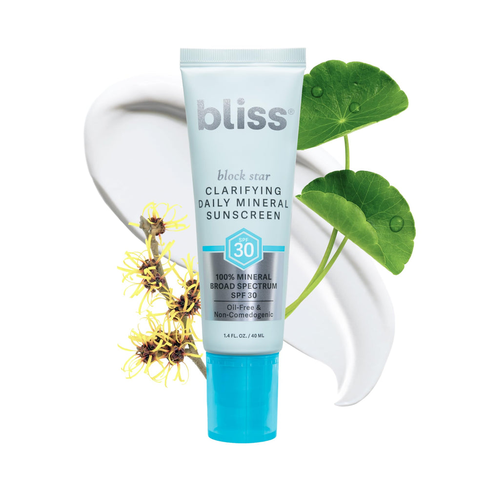 Bliss Block Star sunscreen packaging on a vanity, daily protection ready