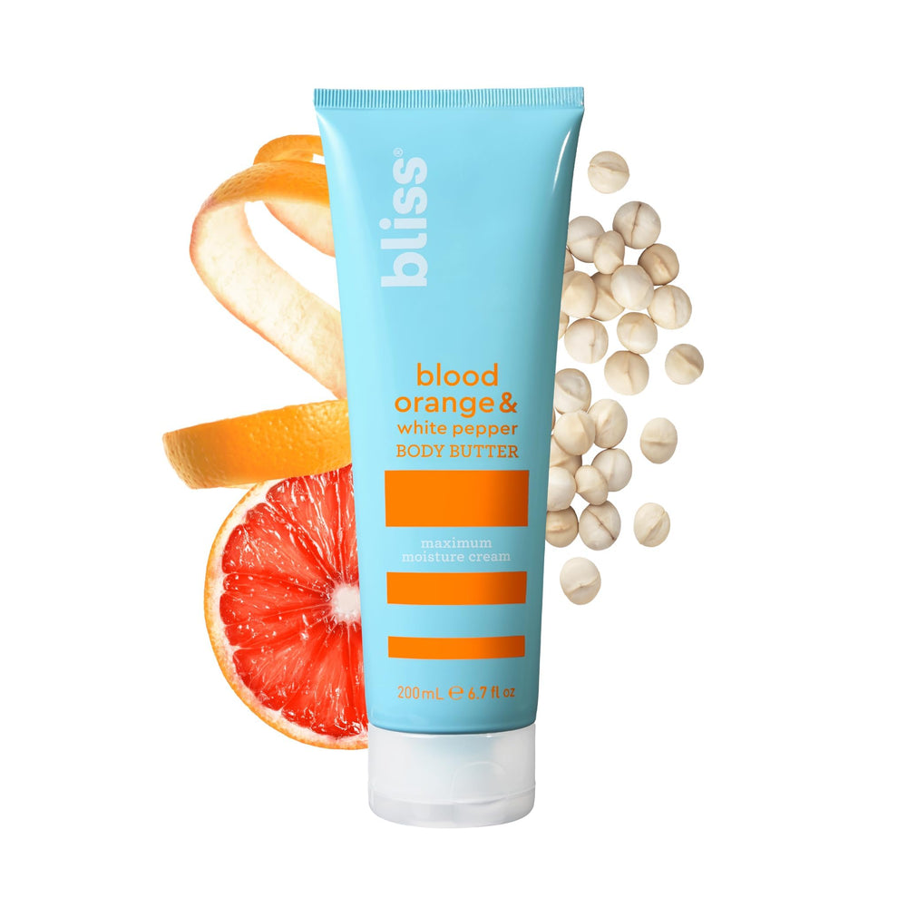Bliss Blood Orange White Pepper Body Butter jar delivering rich moisture for dry skin