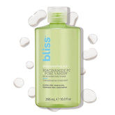Bliss Disappearing Act Niacinamide Toner bottle pour suggests purifying, pore-minimizing routine.
