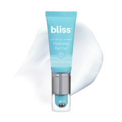 Bliss Eye Do All Things Hydrating Eye Gel rollerball closeup demonstrates depuffing benefits.