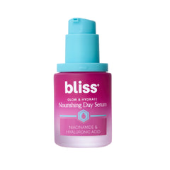 Bliss Glow & Hydrate Serum bottle highlights lightweight hydration for radiant, dewy skin