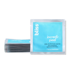 Bliss Incredi-Peel packaging shows travel-friendly box for on-the-go exfoliation.