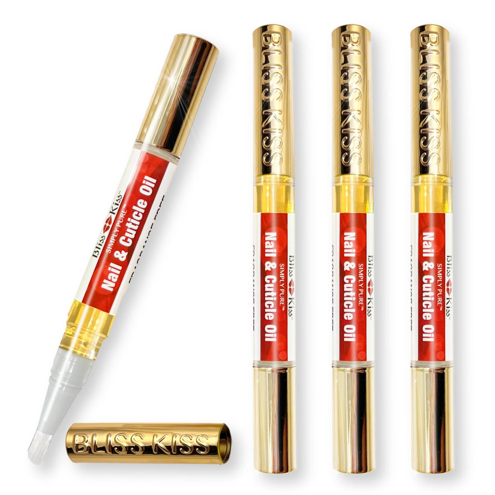 Bliss Kiss fragrance-free nail oil pen cap close-up, showing quick-absorbing cuticle hydration.
