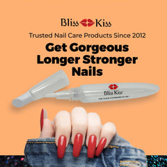 Bliss Kiss refillable squeeze-cuticle oil pen in use for precise cuticle hydration.