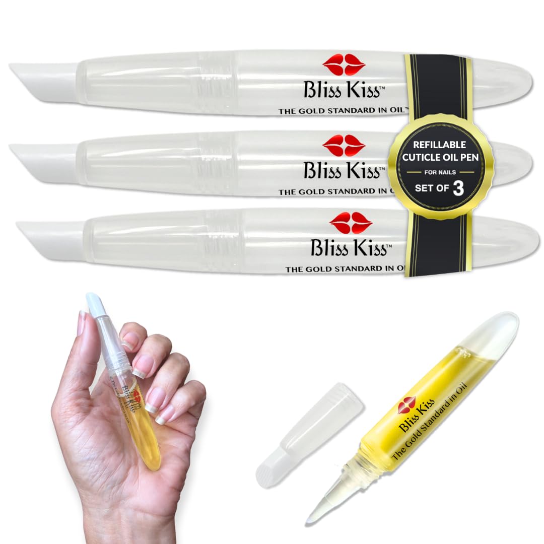 Bliss Kiss refillable squeeze-cuticle oil pen with closed cap for mess-free hydration on the go.