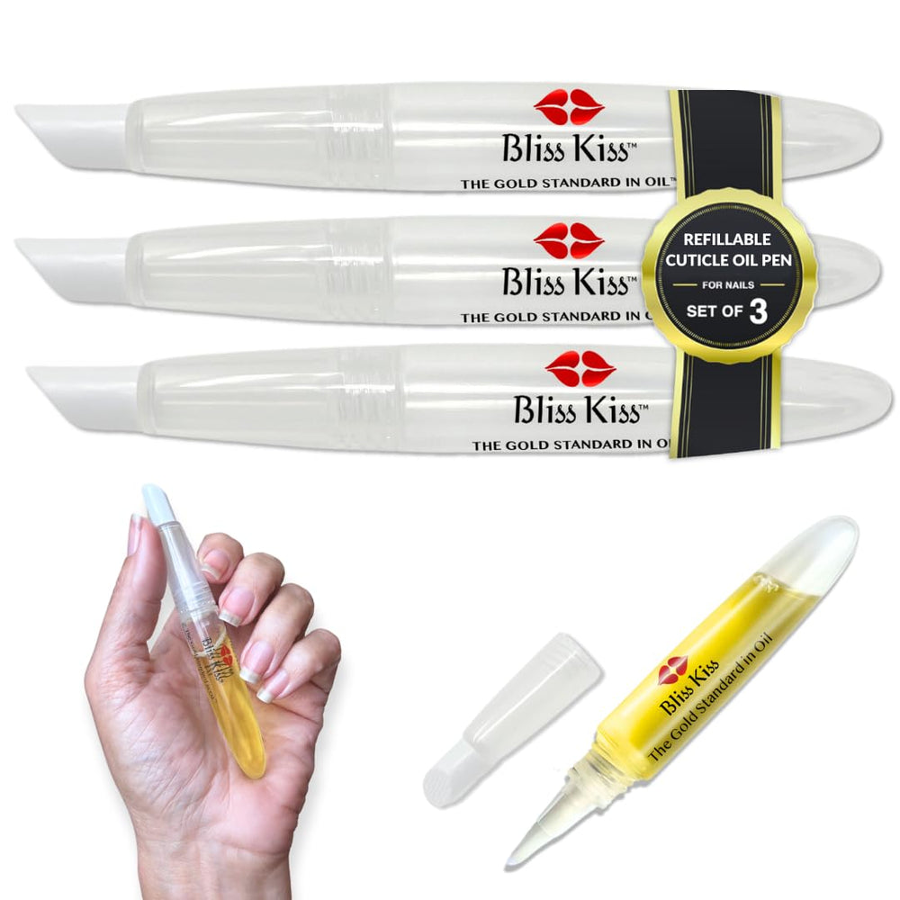 Bliss Kiss refillable squeeze-cuticle oil pen with closed cap for mess-free hydration on the go.
