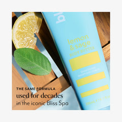 Bliss Lemon and Sage Body Butter texture scoop showcases creamy, nutrient-rich formula.