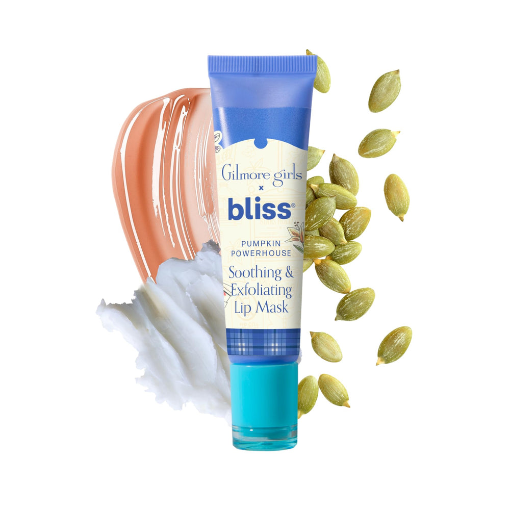 Bliss Pumpkin Powerhouse Lip Mask jar reveals creamy texture for deep hydration.