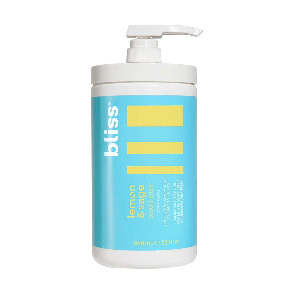 Bliss Soapy Suds bottle pour shows refreshing lemon and sage scent for a gentle cleanse.