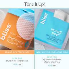 Bliss toner pads shown for morning or night routine application.