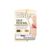 Blistex Deep Renewal lip balm front view with SPF 15 hydration on lips.