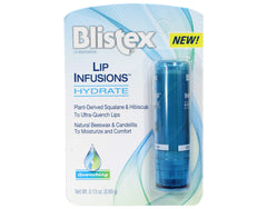 Blistex Lip Infusions Hydrate back view highlights formula for lasting moisture
