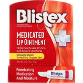 Blistex Lip Ointment packaging shows trusted medicated formula for on-the-go relief.