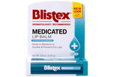 Blistex Medicated Lip Balm tube closeup shows medicated formula for daily lip care.