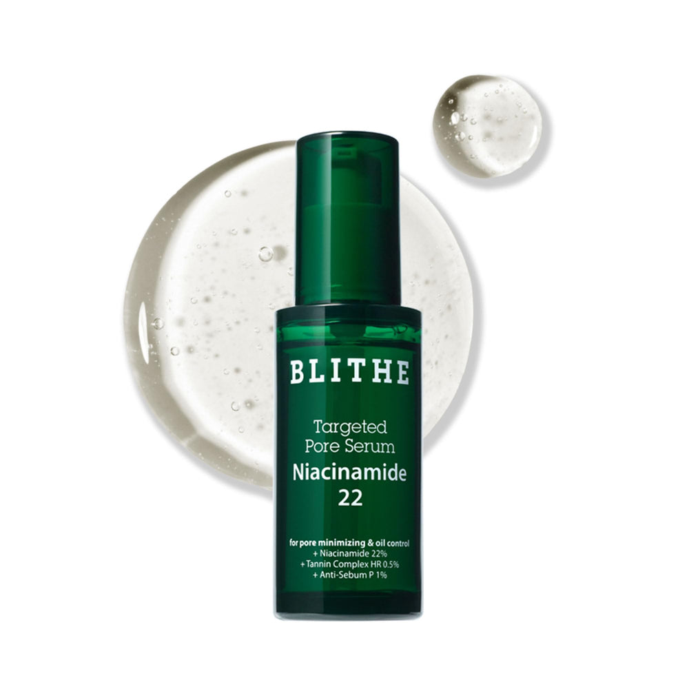 BLITHE Targeted Pore Serum bottle shows Niacinamide for refined pores.