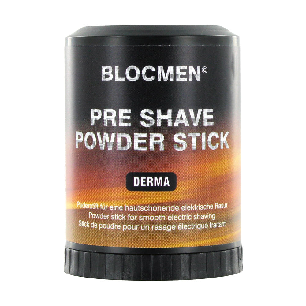 Blocmen Derma Pre Shave Powder Stick application shows skin protection for a smooth shave