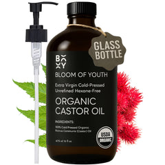Bloom of Youth castor oil amber bottle 16oz for skin and hair nourishment