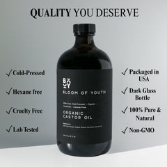 USA-made Bloom of Youth castor oil bottle preserving potency