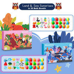 BloomFizzy 30-pack sea box bath bombs hide surprise sea creature toys for curious kids.
