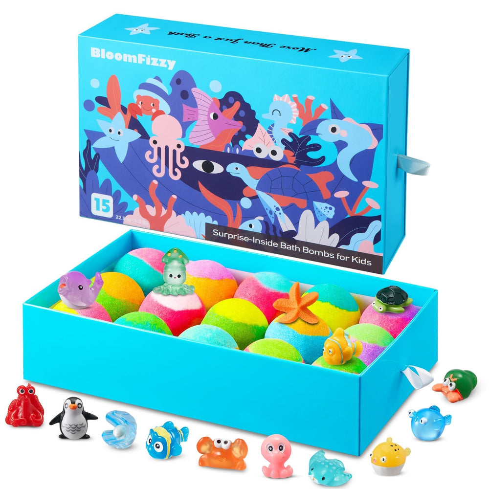 BloomFizzy Sea Surprise bath bombs pack shows vibrant colors for kids' bath time fun.