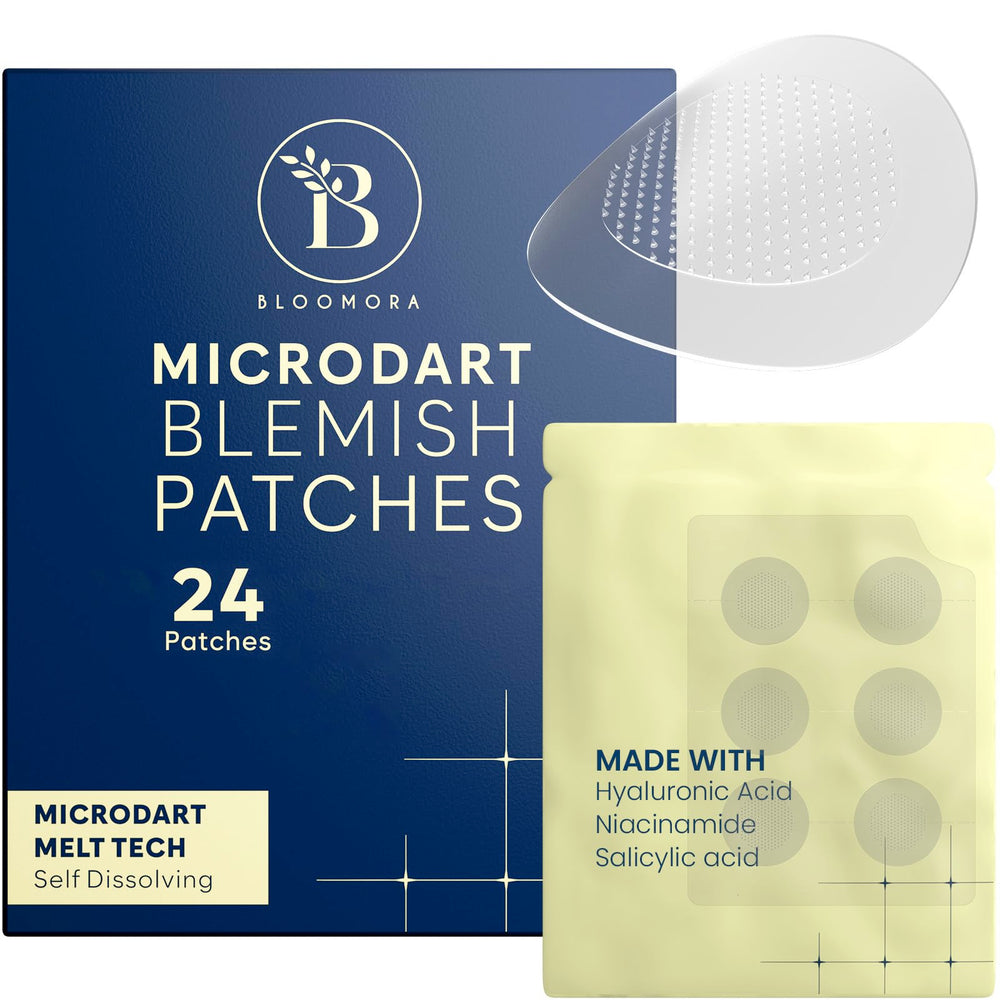 BLOOMORA parche de acné con microdardos para uso nocturno y cobertura discreta.