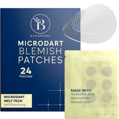 BLOOMORA parche de acné con microdardos para uso nocturno y cobertura discreta.