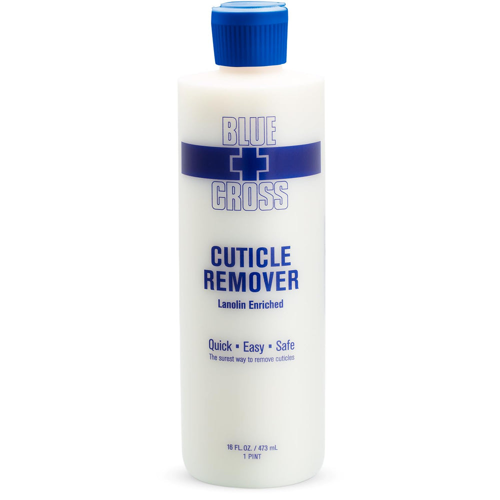 Blue Cross Cuticle Remover bottle on bathroom counter for salon-quality care.