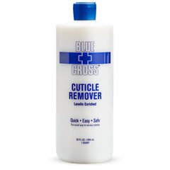 Blue Cross Cuticle Remover bottle pouring demonstrates rapid softening for smooth, clean nails.