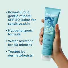 Blue Lizard Sensitive SPF 50 sunscreen lotion label highlights fragrance-free, hypoallergenic formula for sensitive skin.
