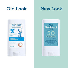 Blue Lizard SPF50+ Sensitive Stick packaging close-up highlights reef-friendly, fragrance-free formula.