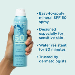 Blue Lizard SPF 50 spray applied to hand and face for smooth rub-in and quick drying.