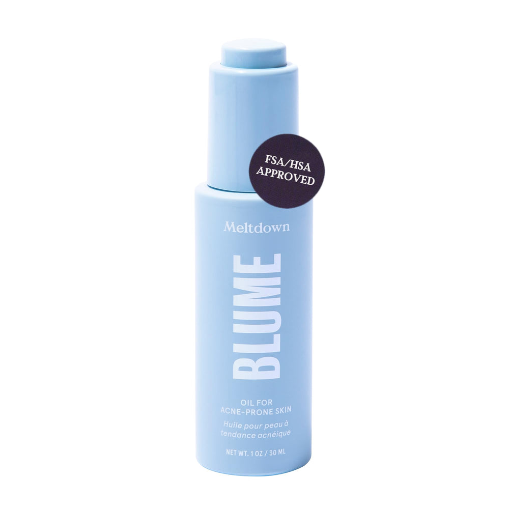 Blume Meltdown bottle-front showing blue tansy for soothing acne-prone skin
