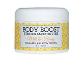 Body Boost Milk & Honey Stretch Mark Butter bottle closeup supports skin elasticity during pregnancy.