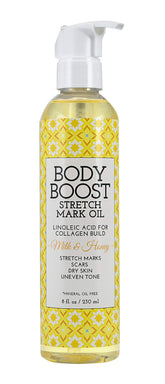Body Boost Milk & Honey Stretch Mark Oil bottle with pump for easy use