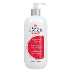 Body Drench moisturizing lotion bottle shows quick-absorbing daily hydration.