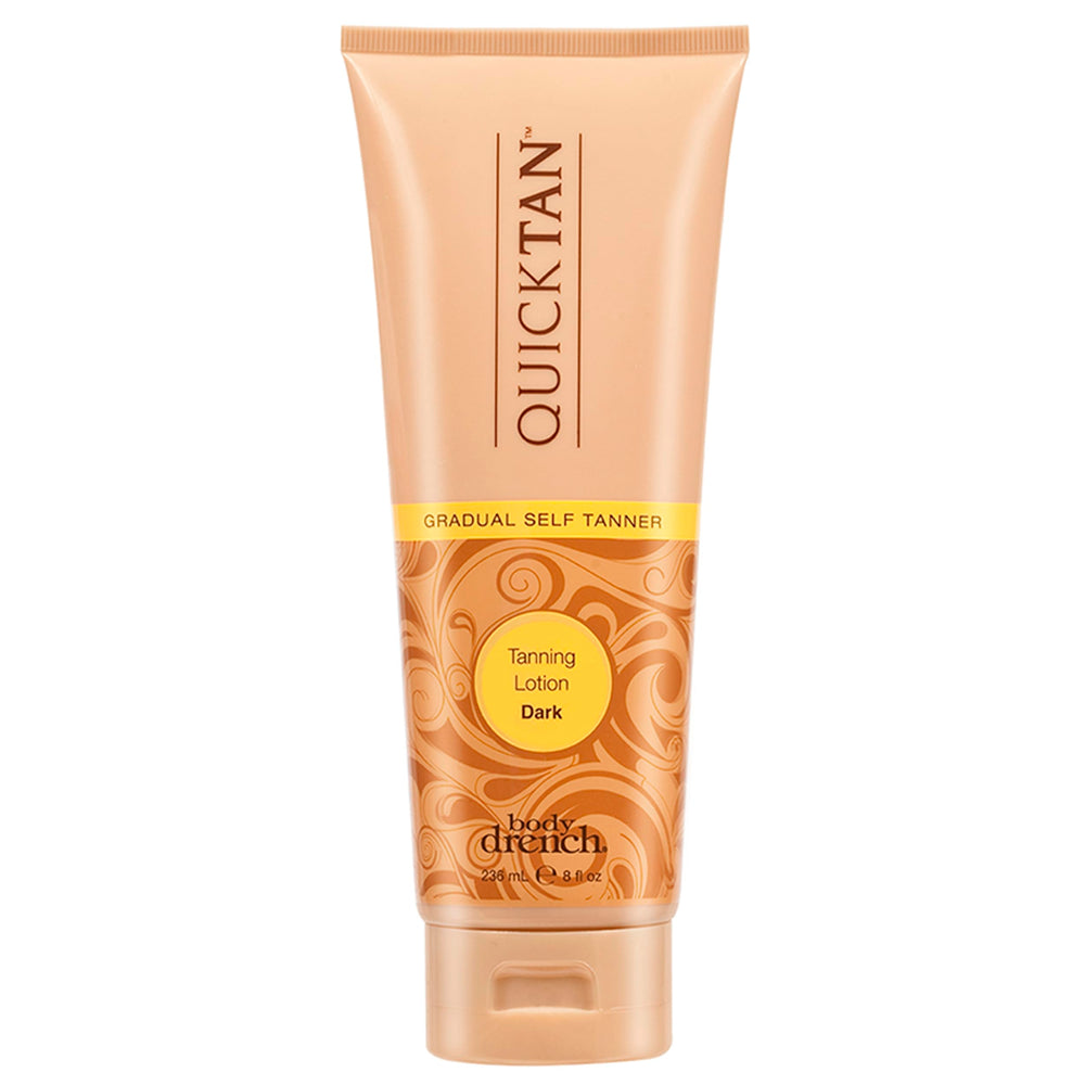 Body Drench Quick Tan bottle closeup shows premium self-tanner packaging for easy self-application.