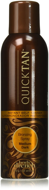 Body Drench Quick Tan spray bottle offers an instant bronze tint for easy even coverage.