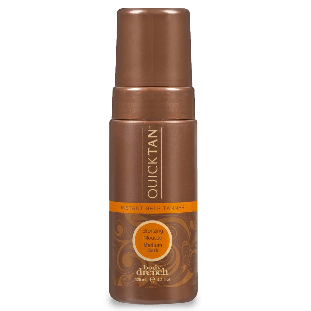 Body Drench QuickTan mousse packaging, compact for quick bronze application.