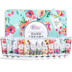 BODY & EARTH hand cream gift set front view with twelve travel-size tubes for on-the-go hydration