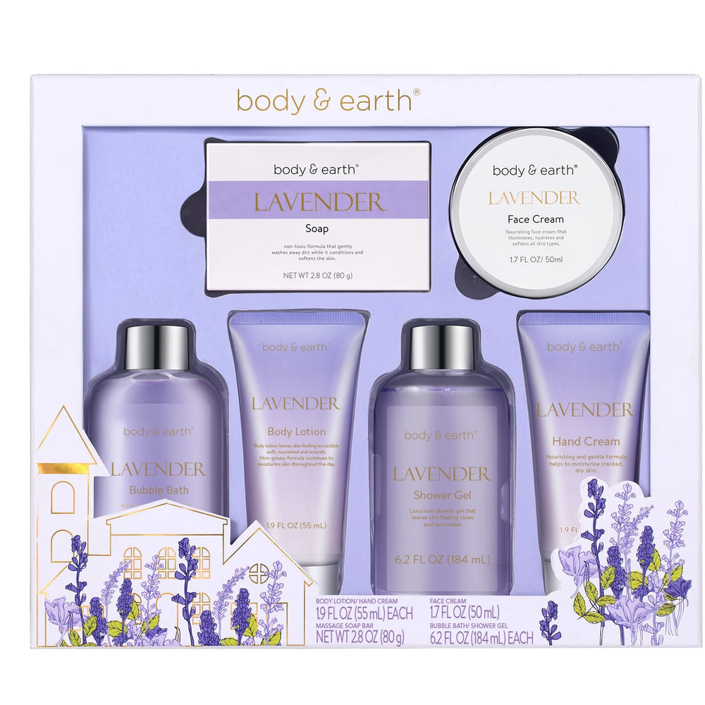 Body & Earth lavender spa gift box with decorative purple ribbon, ready for gifting and pampering.