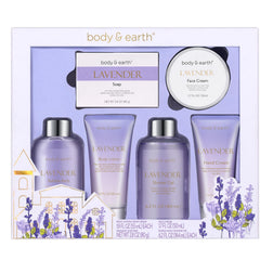 Body & Earth lavender spa gift box with decorative purple ribbon, ready for gifting and pampering.