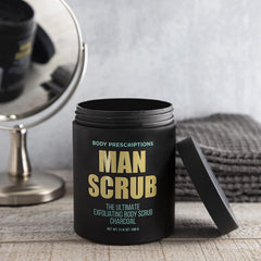 Body Prescriptions Mens Scrub application on skin demonstrates gentle exfoliation and smooth finish