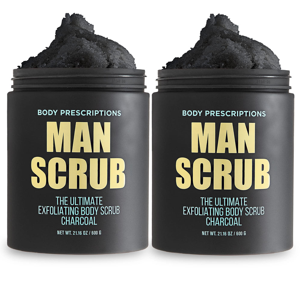 Body Prescriptions Mens Scrub twist-top jar shows easy cleansing and exfoliation