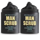Body Prescriptions Mens Scrub twist-top jar shows easy cleansing and exfoliation