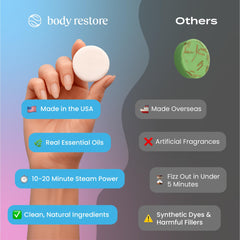 Body Restore Bloom travel-sized shower steamers fit in a bag or purse.