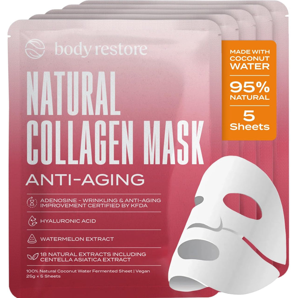 Body Restore collagen face mask 5-pack box showcases premium packaging for spa-grade hydration.