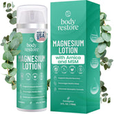 Body Restore magnesium lotion bottle showing arnica and MSM for soothing sore muscles