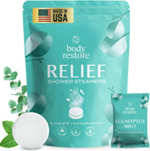 Body Restore 15-pack shower steamers close-up with eucalyptus blend for relaxation routines.
